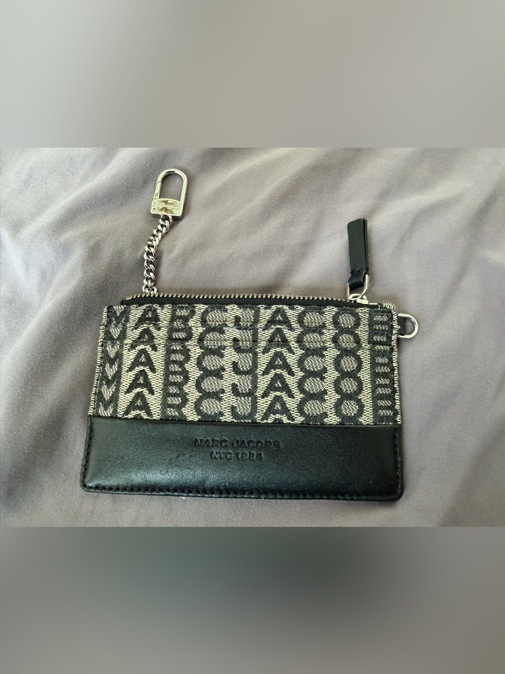 Marc Jacobs Black and Ivory Patterned Card Holder with Chain Clip